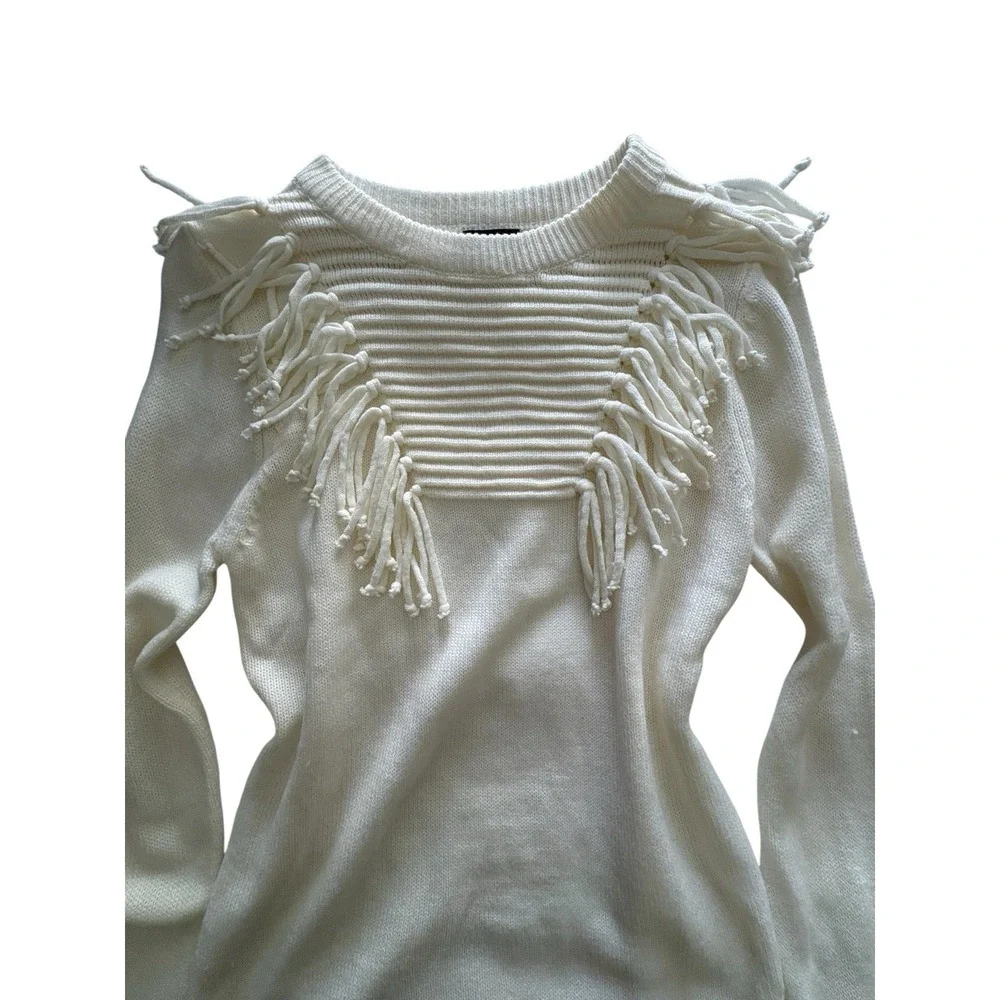 Cream Fringe Knit Sweater Women's Large Boho Western Pullover Top Long‎ Layering